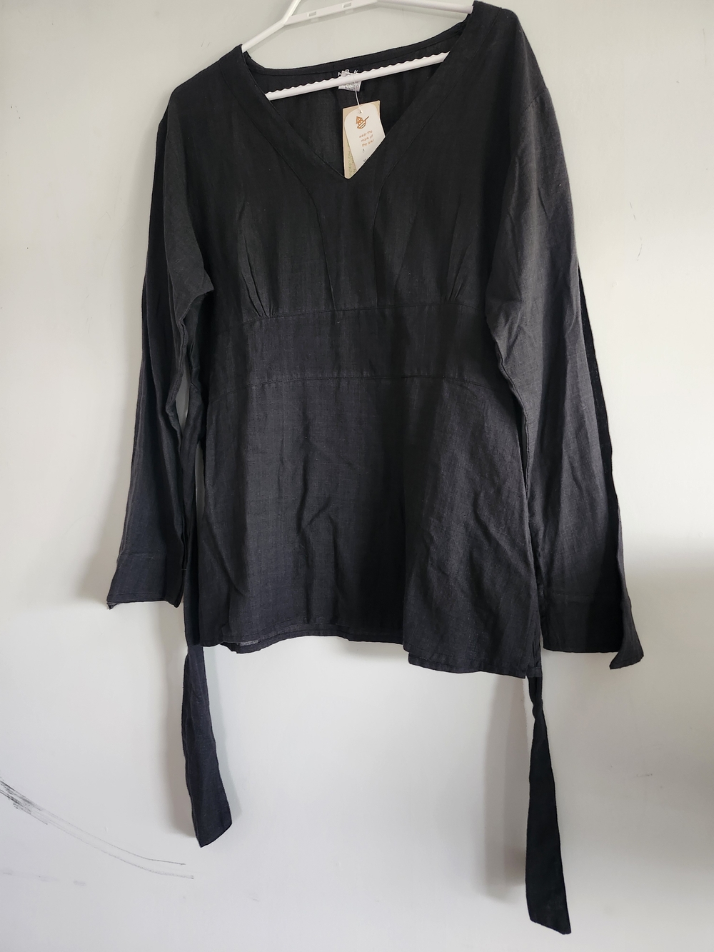 NWT Ark Imports Black Linen Wrap Tunic Bell Sleeve Made in Nepal